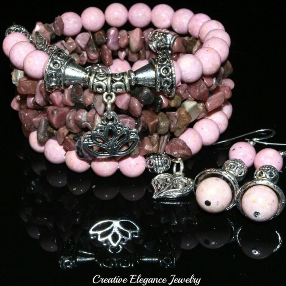 Riverstone Rhodonite Wrap Bracelet and Earrings Set Pink